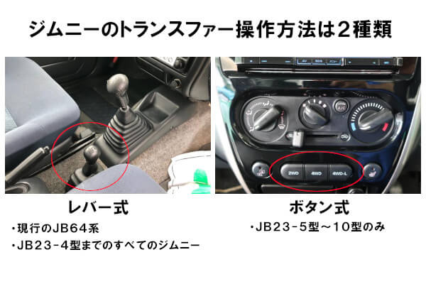 ジムニーのトランスファーの操作方法はレバー式とボタン式の2種類